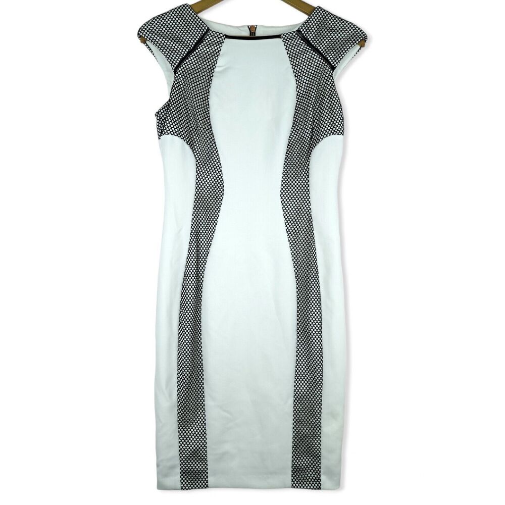 JAX Women Bodycon White Black Dress Slimming Size 4 Zipper Decorative Mesh
